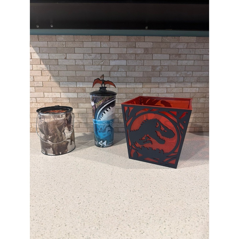 Jurassic World Popcorn Bucket Souvenir Cup Piggy Bank Dinosaur Lot of 3